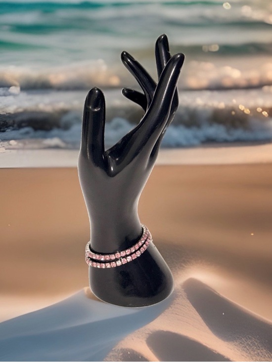 Unbranded Jewelry - Pink Rhinestone Silver Tone Stretch Tennis Bracelet Set of 2 Bangle Extendable